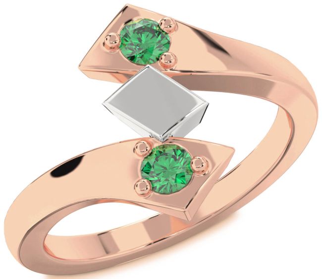 Emerald Rose Gold Silver Round Two Stone Birthstone Ring