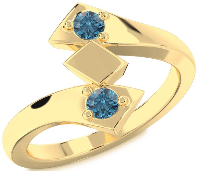 Blue Diamond Gold Silver Round Two Stone Ring