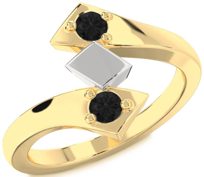 Black Diamond Gold Silver Round Two Stone Ring