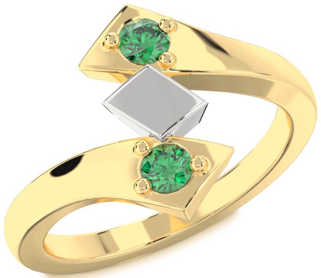 Emerald Gold Silver Round Two Stone Birthstone Ring