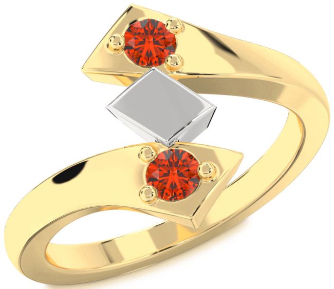 Fire Opal Gold Silver Round Two Stone Ring