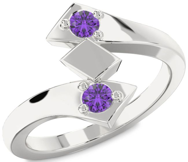 Amethyst Silver Round Two Stone Birthstone Ring