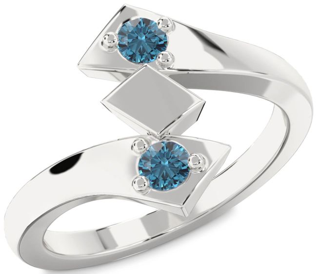 Blue Diamond Silver Round Two Stone Ring