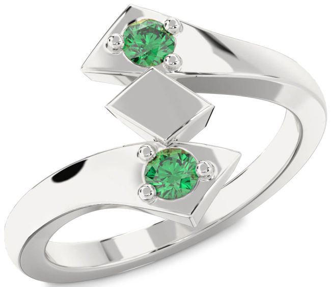 Emerald Silver Round Two Stone Birthstone Ring
