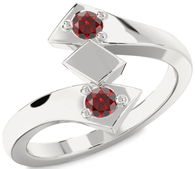 Garnet Silver Round Two Stone Birthstone Ring