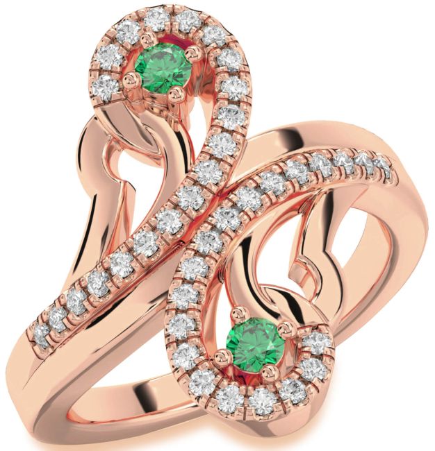 Diamond Emerald Rose Gold Round Two Stone Birthstone Ring