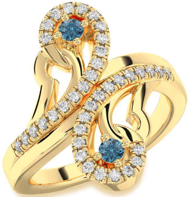 Blue Diamond Gold Silver Round Two Stone Ring