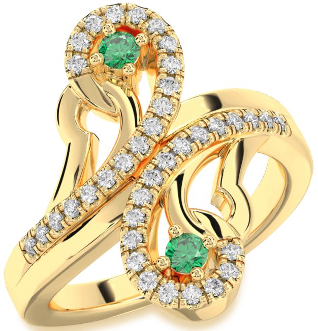 Diamond Emerald Gold Silver Round Two Stone Birthstone Ring