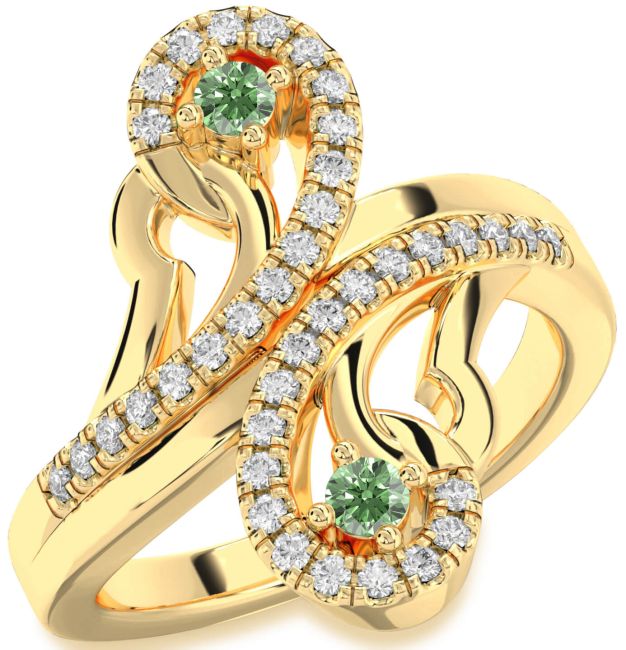 Green Diamond Gold Silver Round Two Stone Ring