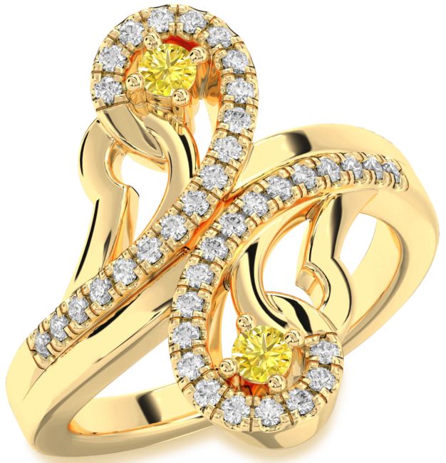 Yellow Diamond Gold Silver Round Two Stone Ring