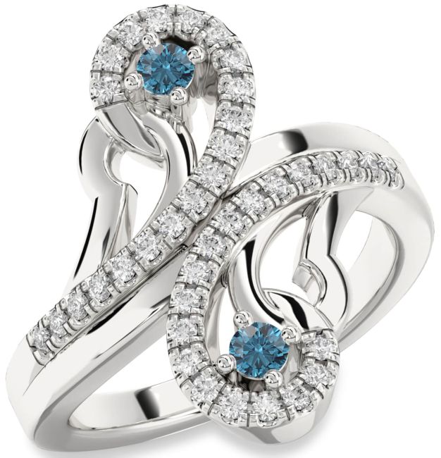 Blue Diamond Silver Round Two Stone Ring