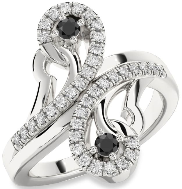 Diamond Black Onyx Silver Round Two Stone Ring