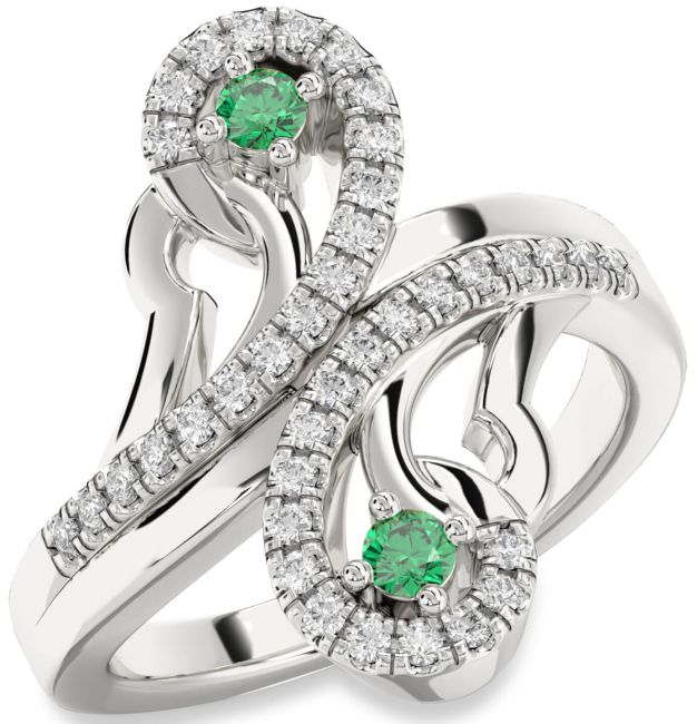 Diamond Emerald Silver Round Two Stone Birthstone Ring