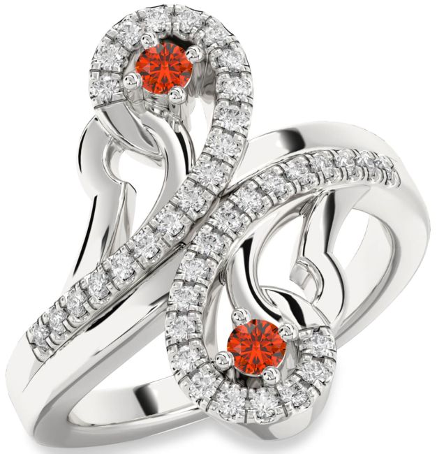 Diamond Fire Opal Silver Round Two Stone Ring