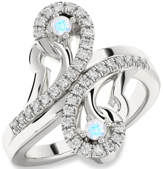 Diamond Moonstone Silver Round Two Stone Ring