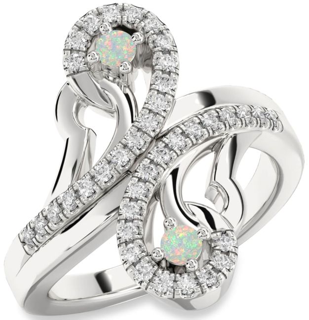 Diamond Opal Silver Round Two Stone Birthstone Ring