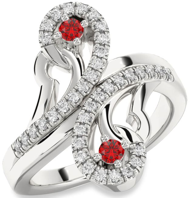 Diamond Ruby Silver Round Two Stone Birthstone Ring