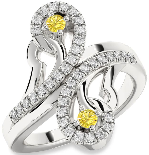 Yellow Diamond Silver Round Two Stone Ring