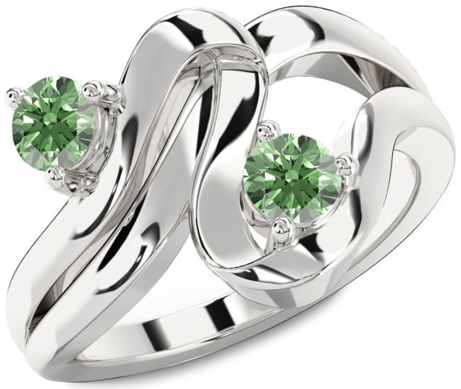 Green Diamond Silver Round Two Stone Ring