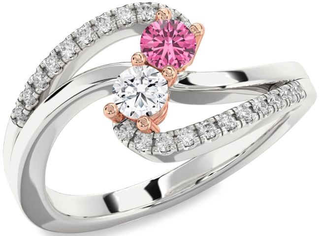 Diamond Rose Gold Silver Round Two Stone Promise Ring