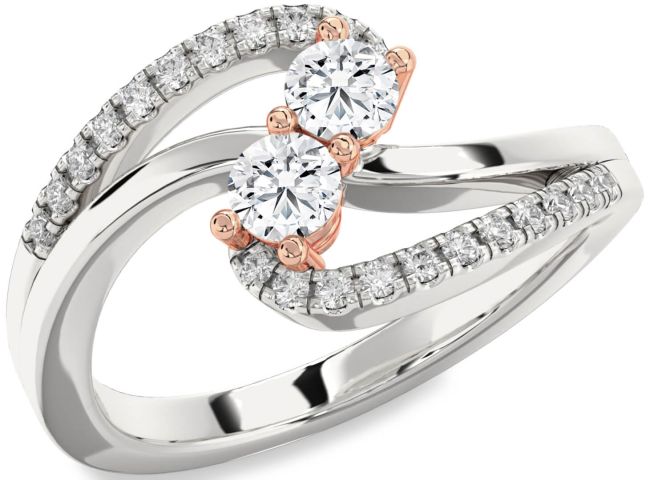 Diamond Rose Gold Silver Round Two Stone Ring