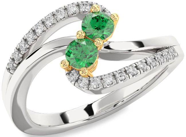 Diamond Emerald Gold Silver Round Two Stone Birthstone Ring