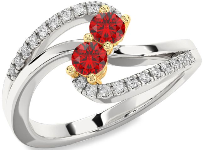 Diamond Ruby Gold Silver Round Two Stone Birthstone Ring