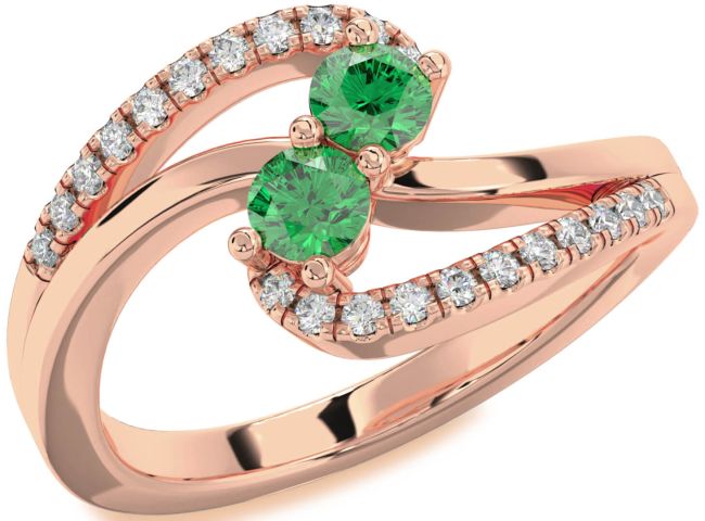 Diamond Emerald Rose Gold Round Two Stone Birthstone Ring