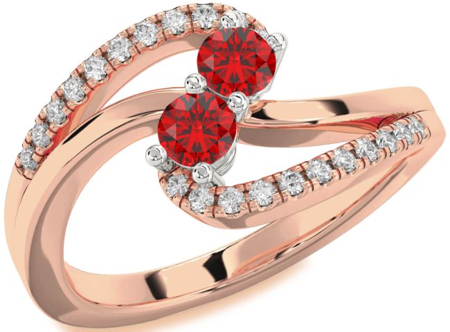 Diamond Ruby Rose Gold Silver Round Two Stone Birthstone Ring