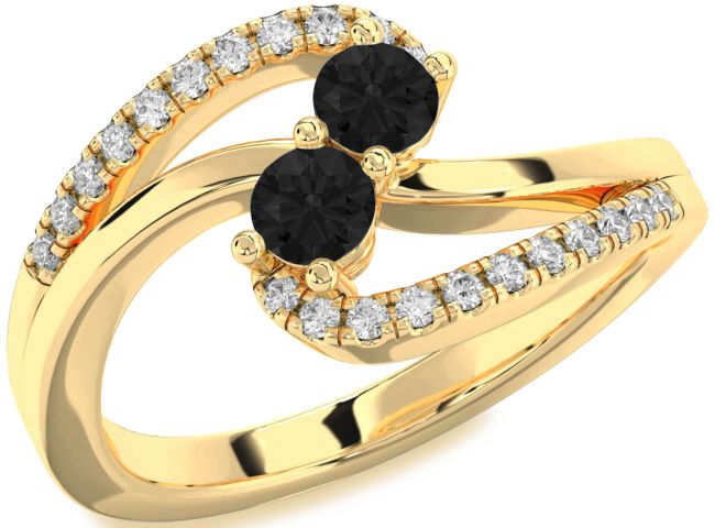 Black Diamond Gold Silver Round Two Stone Ring