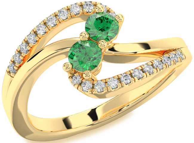 Diamond Emerald Gold Round Two Stone Birthstone Ring