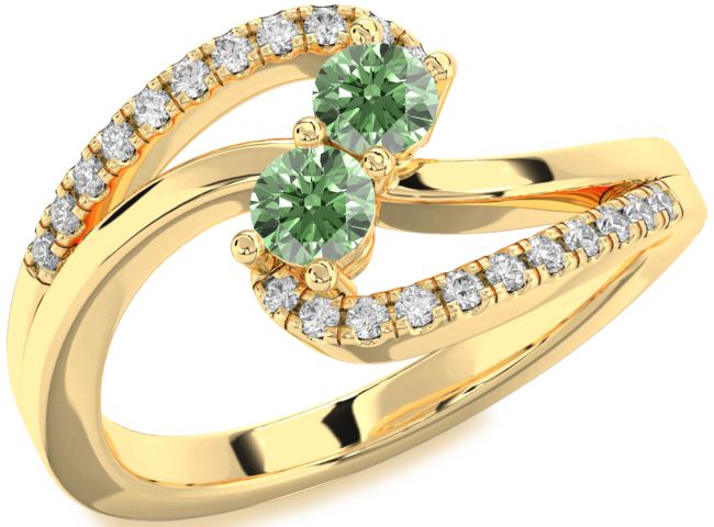 Green Diamond Gold Silver Round Two Stone Ring