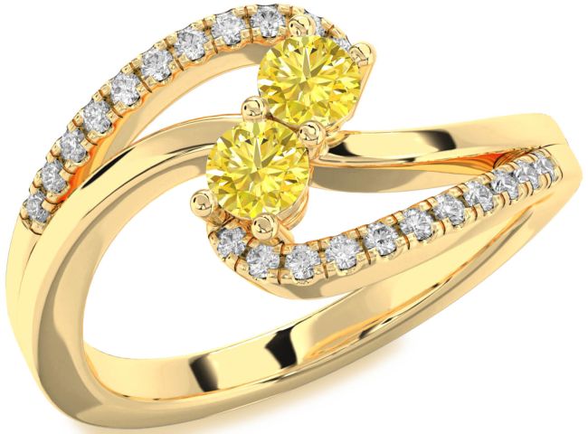 Yellow Diamond Gold Silver Round Two Stone Ring