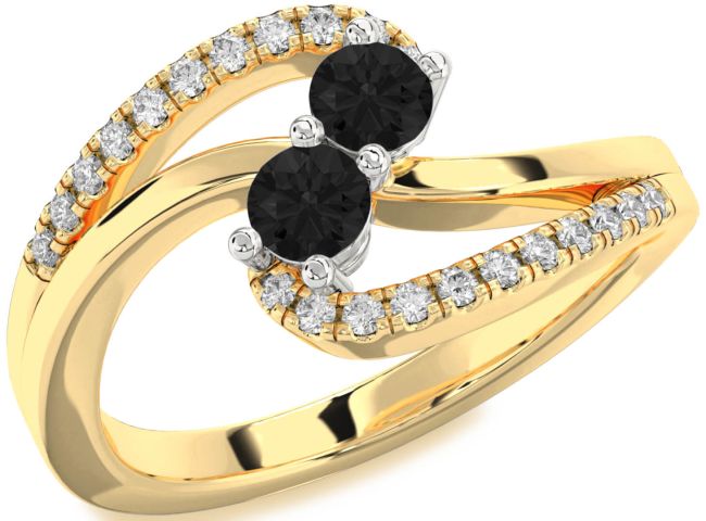 Black Diamond Gold Silver Round Two Stone Ring