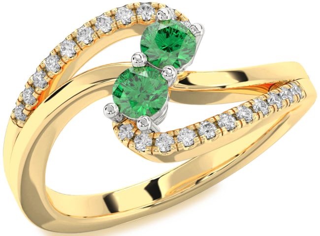 Diamond Emerald Gold Silver Round Two Stone Birthstone Ring