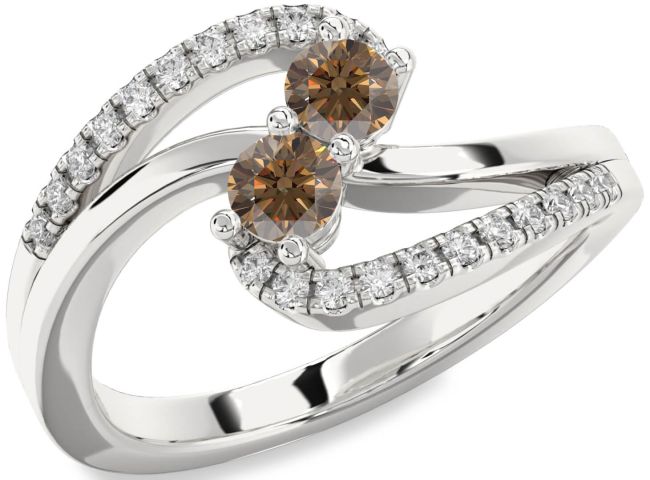 Chocolate Brown Diamond Silver Round Two Stone Ring