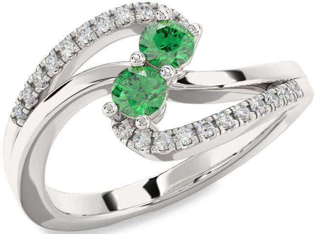 Diamond Emerald Silver Round Two Stone Birthstone Ring