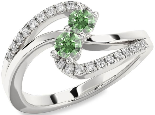 Green Diamond Silver Round Two Stone Ring