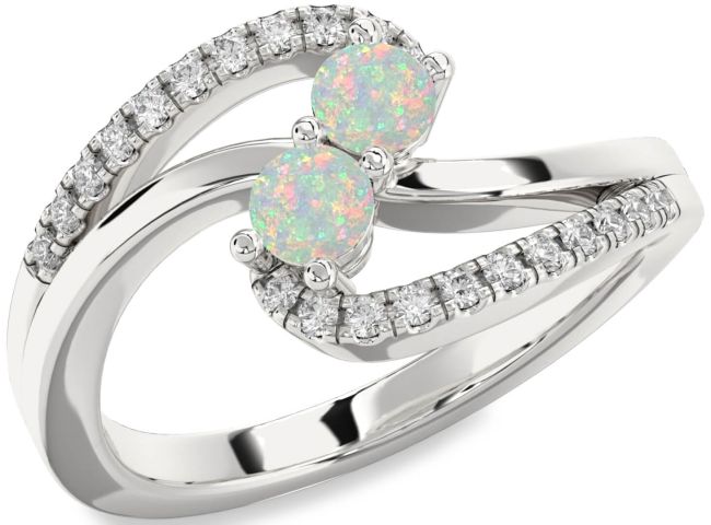 Diamond Opal Silver Round Two Stone Birthstone Ring