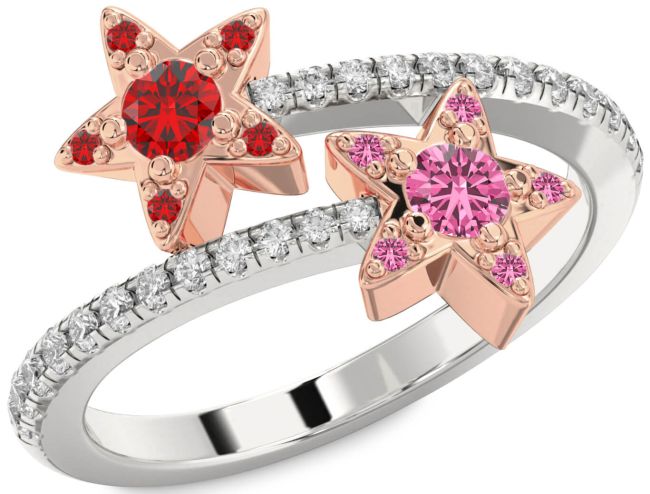 Diamond White Rose Gold Star Round Two Stone Pave Promise Ring