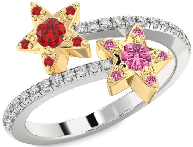Diamond Platinum & Yellow Gold Star Round Two Stone Pave Promise Ring
