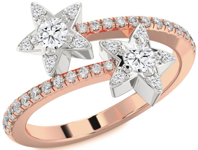 Diamond Rose Gold Silver Star Round Two Stone Pave Ring