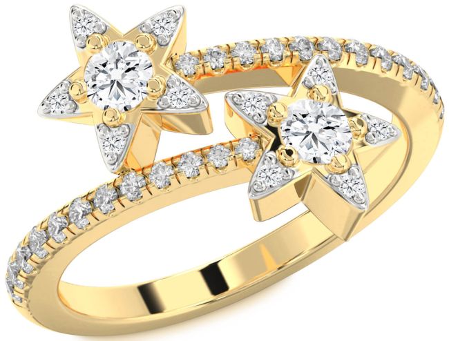 Diamond Gold Star Round Two Stone Pave Ring