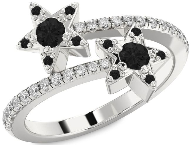 Black Diamond Silver Star Round Two Stone Pave Ring