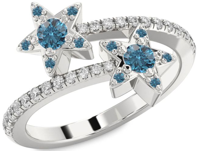 Blue Diamond Silver Star Round Two Stone Pave Ring