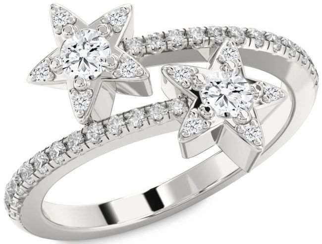 Diamond Silver Star Round Two Stone Pave Ring