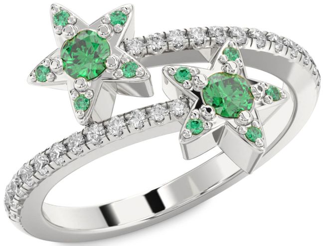 Diamond Emerald Silver Star Round Two Stone Pave Birthstone Ring