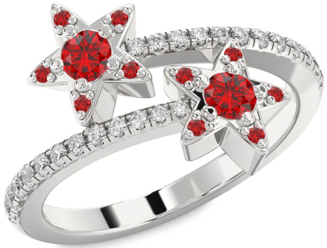 Diamond Ruby Silver Star Round Two Stone Pave Birthstone Ring