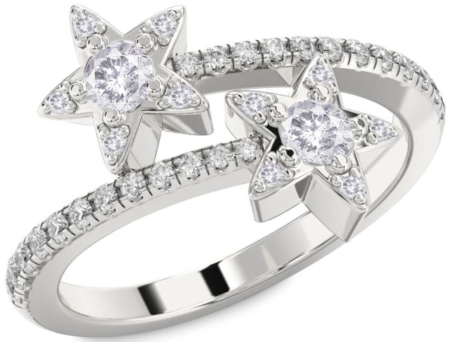 Salt & Pepper Diamond Silver Star Round Two Stone Pave Ring