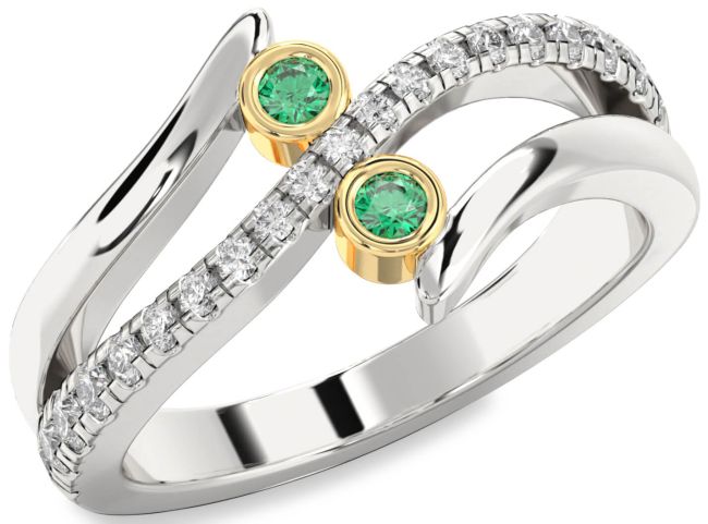 Diamond Emerald Gold Silver Round Two Stone Birthstone Ring